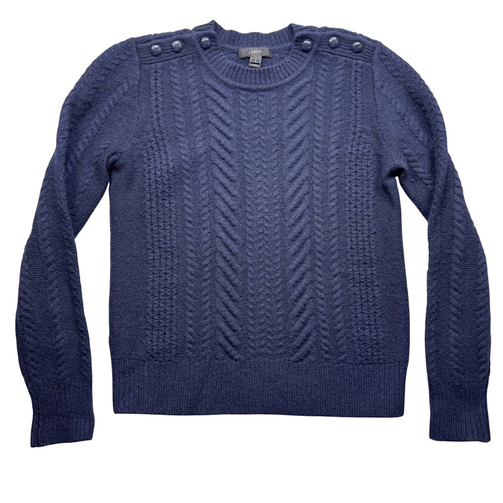 J.Crew 100%Wool Cable Knit Sweater Womens Small Navy Shoulder Button Accent